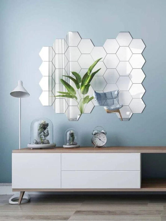 Mirror Stickers For Wall Pack Of 40 Hexagon Silver Color Flexible Mirror Size (10x12)Cm Each Hexagon